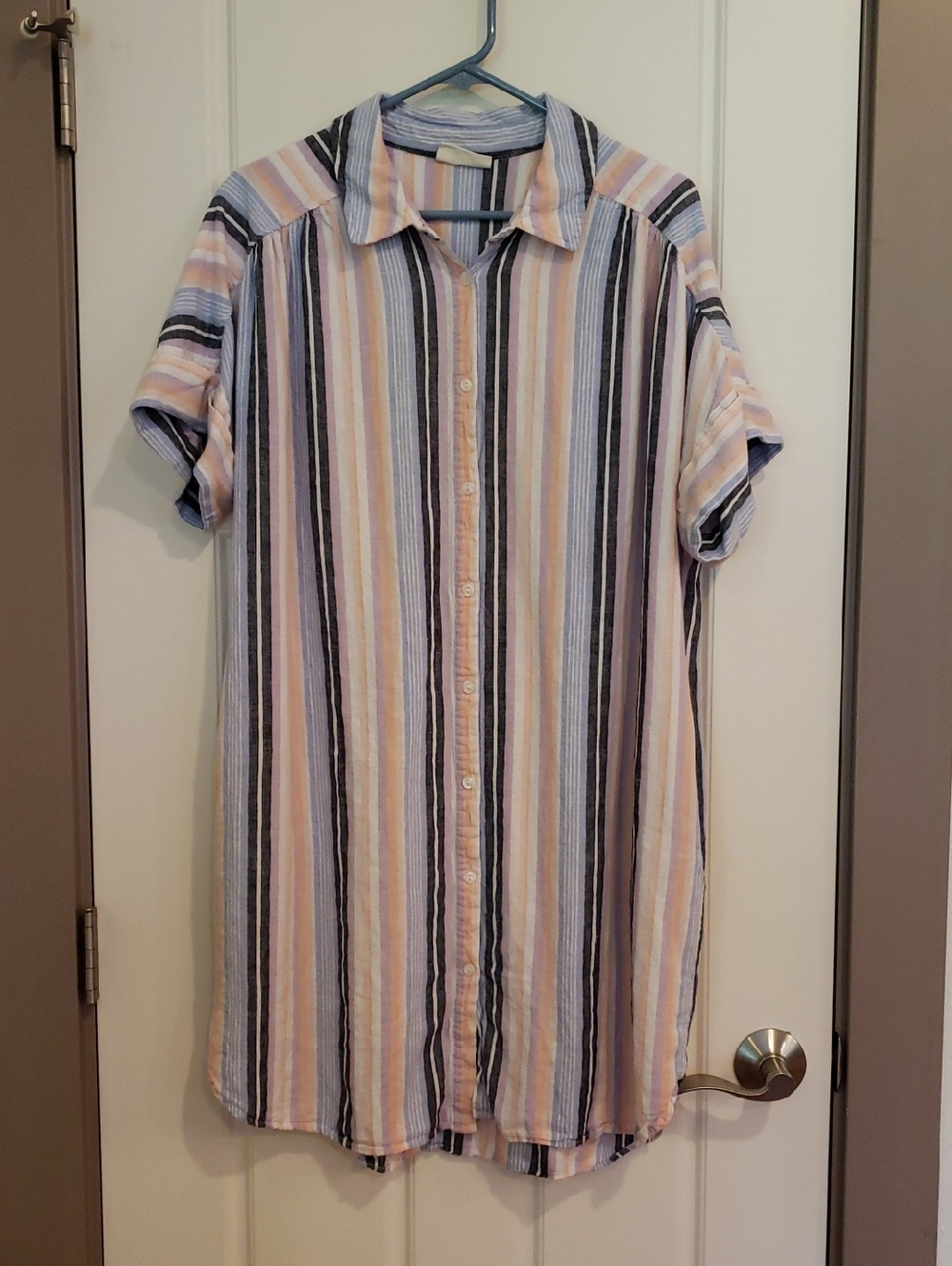 Linen blend short sleeve shirtdress, Vertical stripes. Women's Large